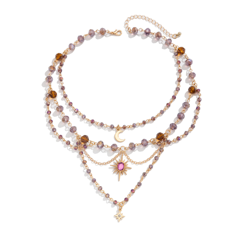 Colier cu pandantiv lună-floare, stratificat, lanț clavicular cu mărgele de cristal – Materiale: cristal imitativ, aliaj, diamant acrilic; Electroplacare