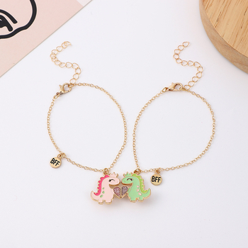 Colier pentru copii – pereche cu design magnetic, dinozauri și inimă; pandant din aliaj, lanț încrucișat, 41–60 cm, 18 g