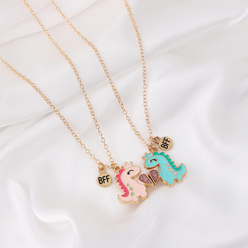 Colier pentru copii – pereche cu design magnetic, dinozauri și inimă; pandant din aliaj, lanț încrucișat, 41–60 cm, 18 g