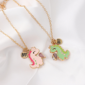 Colier pentru copii – pereche cu design magnetic, dinozauri și inimă; pandant din aliaj, lanț încrucișat, 41–60 cm, 18 g