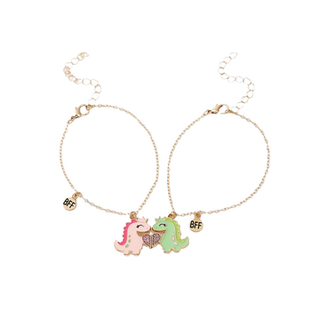 Colier pentru copii – pereche cu design magnetic, dinozauri și inimă; pandant din aliaj, lanț încrucișat, 41–60 cm, 18 g