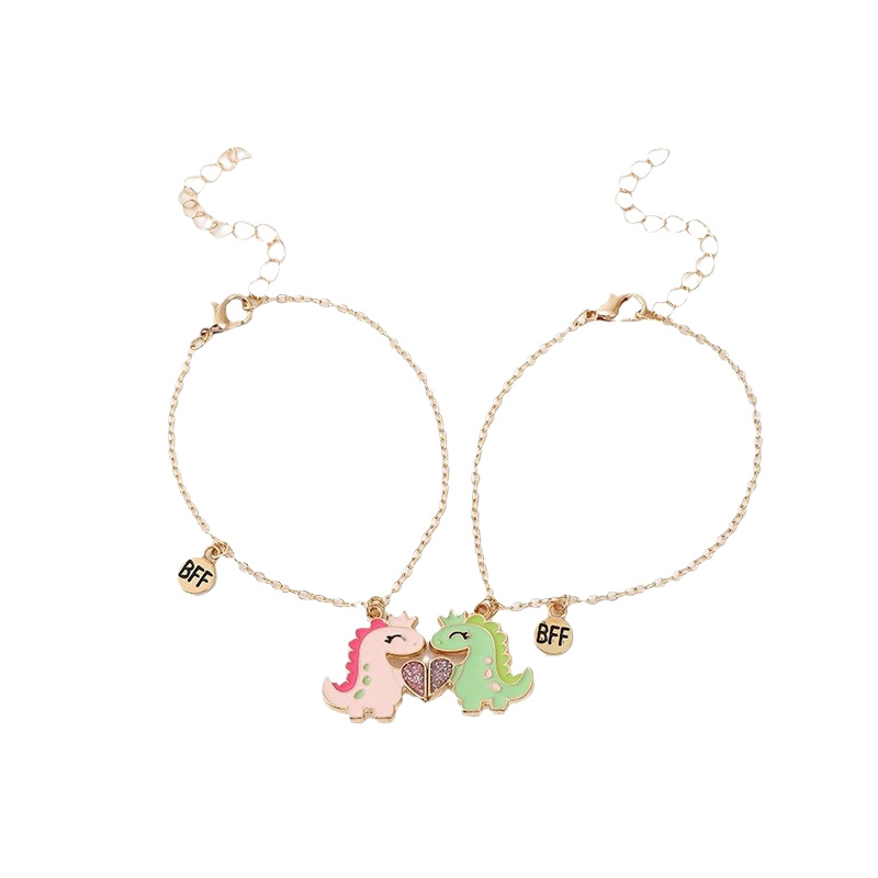 Colier pentru copii – pereche cu design magnetic, dinozauri și inimă; pandant din aliaj, lanț încrucișat, 41–60 cm, 18 g