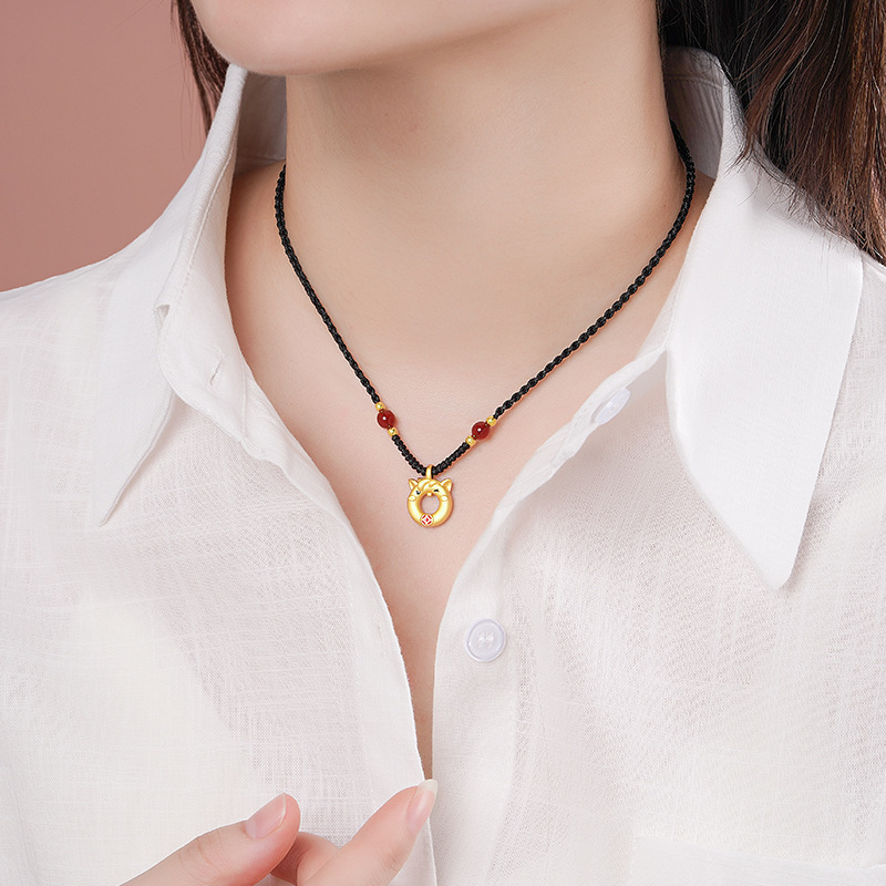 Tichi originalni talisman za žene s konjem, S925 srebro, kineski stil, godina zodijaka Konj, pleteni crni užadasti lanac