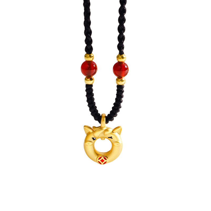 Tichi originalni talisman za žene s konjem, S925 srebro, kineski stil, godina zodijaka Konj, pleteni crni užadasti lanac