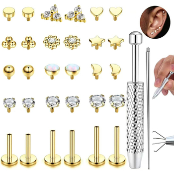 Rozsdamentes acél ajak- és orrpiercing készlet, többfejű, cserélhető belsőmenetes ékszerek, cirkón kristályok