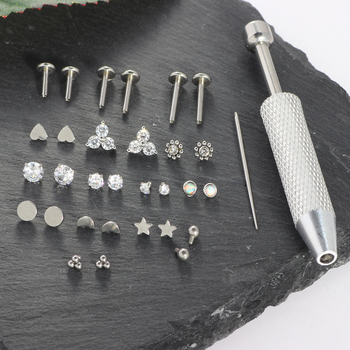 Rozsdamentes acél ajak- és orrpiercing készlet, többfejű, cserélhető belsőmenetes ékszerek, cirkón kristályok