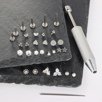 Rozsdamentes acél ajak- és orrpiercing készlet, többfejű, cserélhető belsőmenetes ékszerek, cirkón kristályok