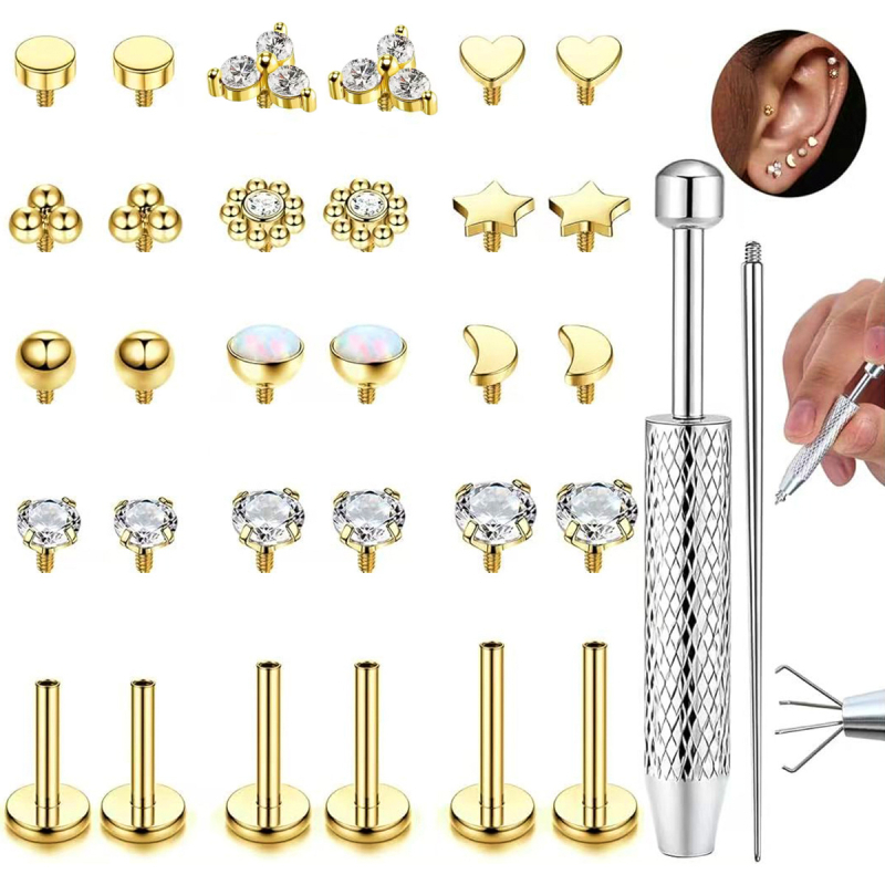 Set piercing buze și nas din oțel inoxidabil, cu mai multe capete, șurub intern înlocuibil și cristale de zirconiu