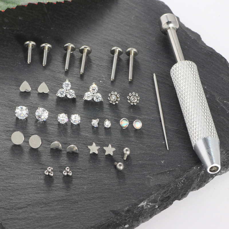 Rozsdamentes acél ajak- és orrpiercing készlet, többfejű, cserélhető belsőmenetes ékszerek, cirkón kristályok