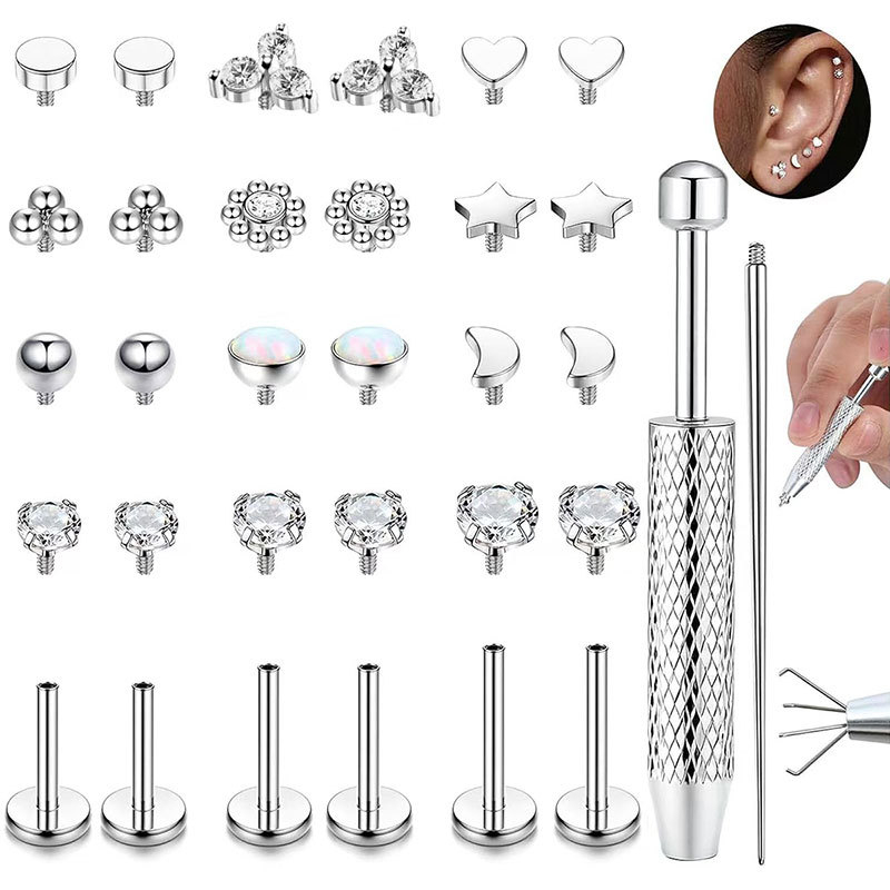 Rozsdamentes acél ajak- és orrpiercing készlet, többfejű, cserélhető belsőmenetes ékszerek, cirkón kristályok