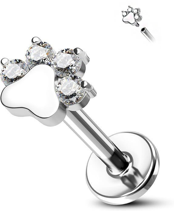 Lip-stud fülbevalók (G23 titán; sík hátsó rész; menet nélkül; kutya tappancs lenyomat; porc piercing)