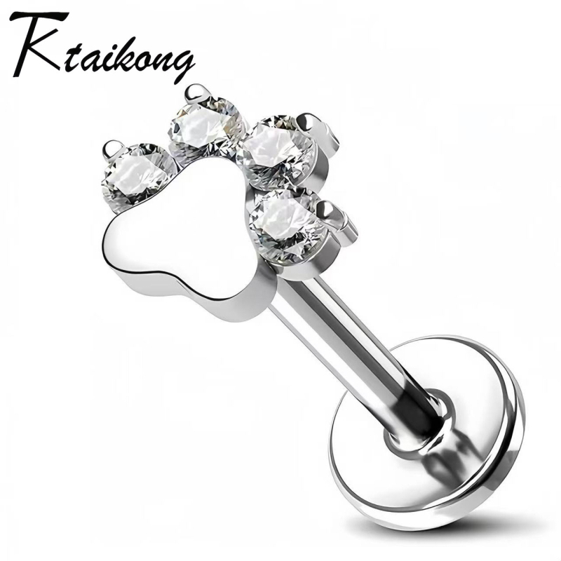 Cercei lip stud (G23 titan; spate plat; fără filet; amprentă laba câinelui; piercing de cartilaj)