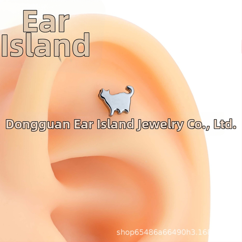 Titāna sakausējuma auskari kaķa formā, unisex stils, vintāžas stilā, ar cirkonu, pulēti