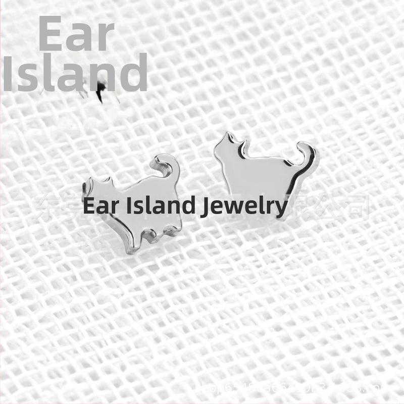 Titāna sakausējuma auskari kaķa formā, unisex stils, vintāžas stilā, ar cirkonu, pulēti