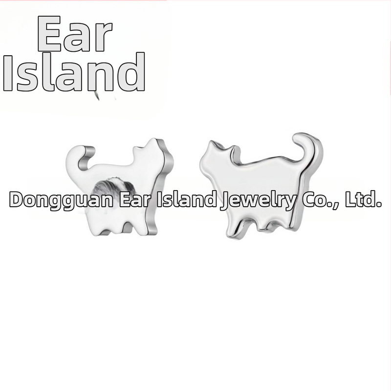 Titāna sakausējuma auskari kaķa formā, unisex stils, vintāžas stilā, ar cirkonu, pulēti