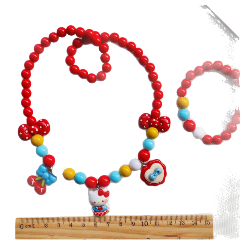 Детски комплект бижута: ретро стил, зайче с панделка — колие, гривна и ушни клипсове, четири части; Материал: пластмаса/смола; Ръчна изработка; Фигура: зайче; Възраст: 3–6, 6–10, над 10