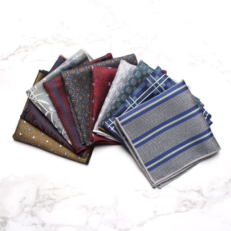 Vyrų kišeninė servetėlė – madingas stilius, poliesteris, džakardo audinys, raštas: taškeliai, dryželiai, lapai