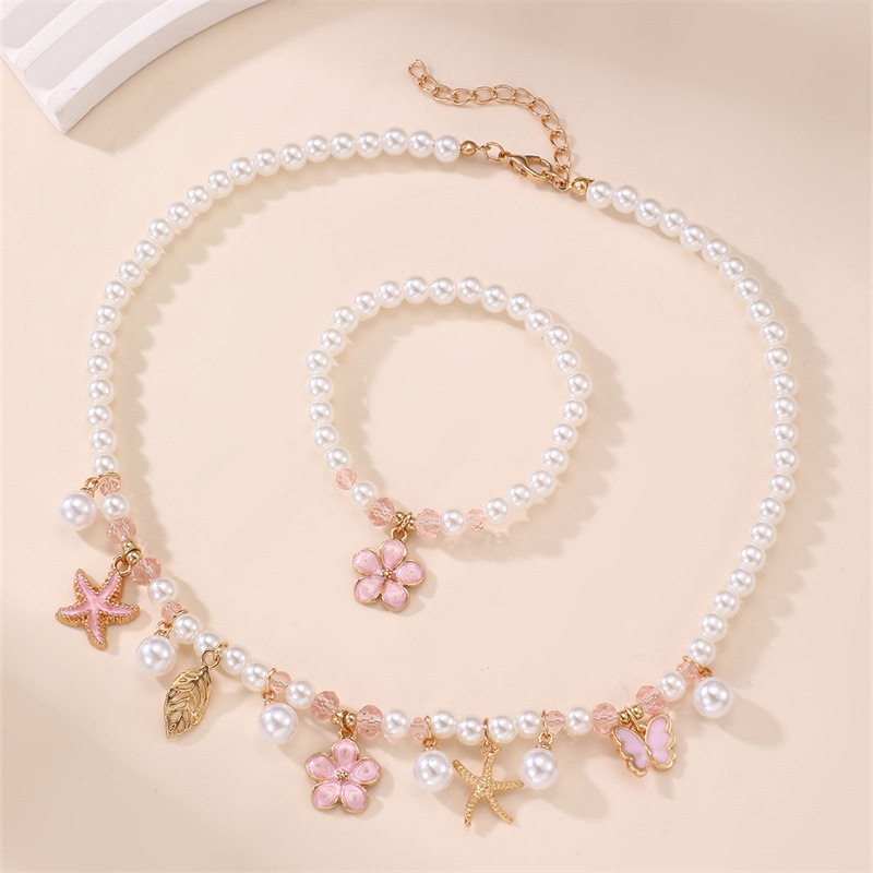 Dječji set: ogrlica i narukvica s privjeskom od smole u obliku mašnice, cvijet i leptir, geometrijski biseri