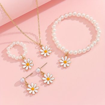 Set pentru copii: Colier, cercei și brățară cu floare margaretă | Material: aliaj, Lanț încrucișat, Séria Prințesa, Vârste 3–6, 6–10, peste 10