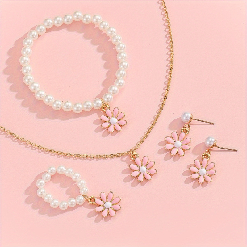 Set pentru copii: Colier, cercei și brățară cu floare margaretă | Material: aliaj, Lanț încrucișat, Séria Prințesa, Vârste 3–6, 6–10, peste 10