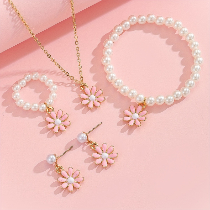 Set pentru copii: Colier, cercei și brățară cu floare margaretă | Material: aliaj, Lanț încrucișat, Séria Prințesa, Vârste 3–6, 6–10, peste 10