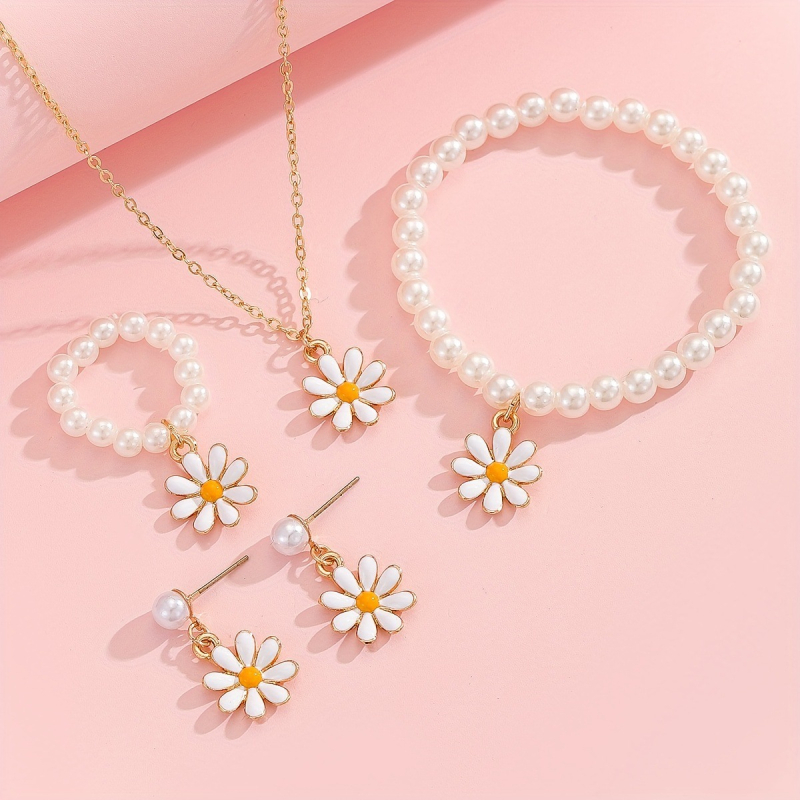 Set pentru copii: Colier, cercei și brățară cu floare margaretă | Material: aliaj, Lanț încrucișat, Séria Prințesa, Vârste 3–6, 6–10, peste 10