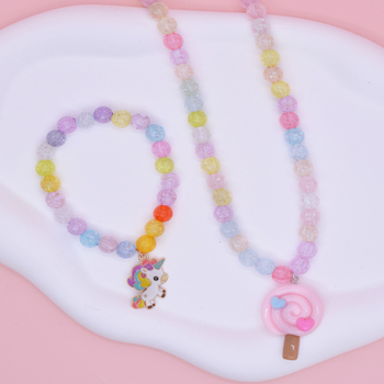 Детско колие с еднорог, талисман от смола, колие със мъниста верига, ръчна изработка, карикатурен стил