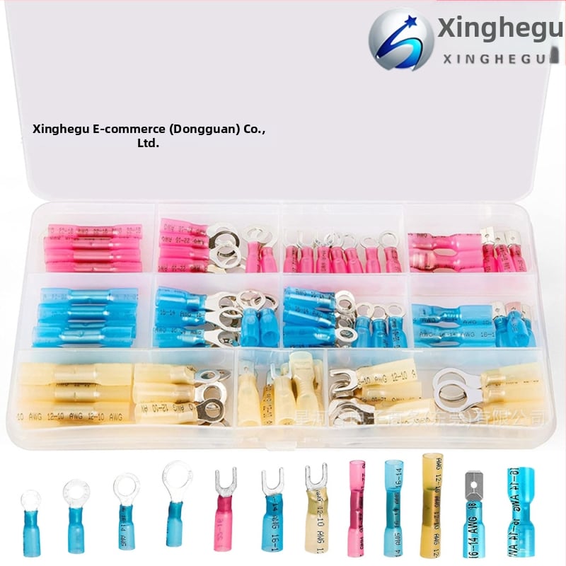 Klem-set vodootpornih toplinskih priključnica s toplinskim savijanjem, 90 kom., tipovi BHT/Plug Cord/Plug Piece/Ring/Fork, bakreni kontakti, izolacija od poliolefin