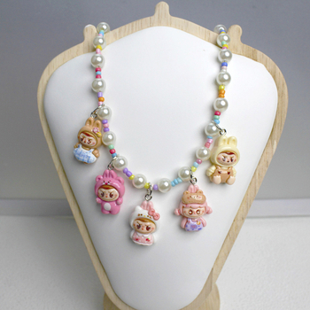 Огърлица Labubu с висулка карикатурен герой, ръчна изработка, висулка от пластмаса/акрил, топчеста верига, регулиeма дължина