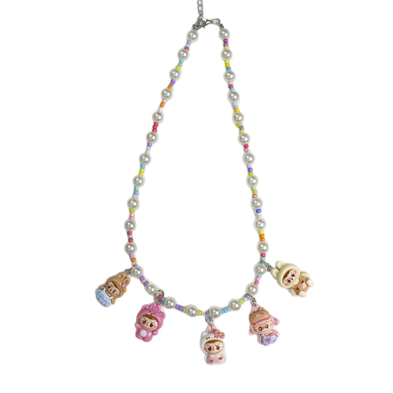 Огърлица Labubu с висулка карикатурен герой, ръчна изработка, висулка от пластмаса/акрил, топчеста верига, регулиeма дължина