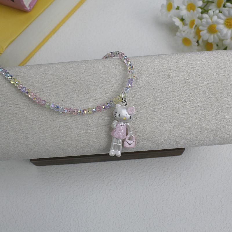 Ръчно изработена детска огърлица с котешка висулка, пластмаса/акрил, топчеста верига