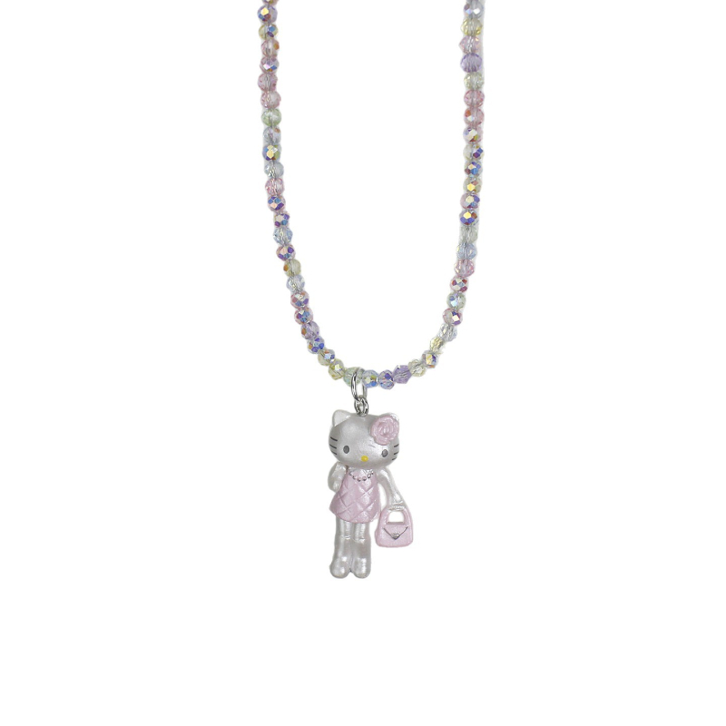 Ръчно изработена детска огърлица с котешка висулка, пластмаса/акрил, топчеста верига