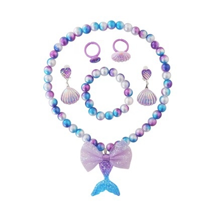 Детски комплект бижута: колие с русалка, пръстен, гривна и обици — висулка от смола, топчеста верижка, електроплатина, форма на съзвездие