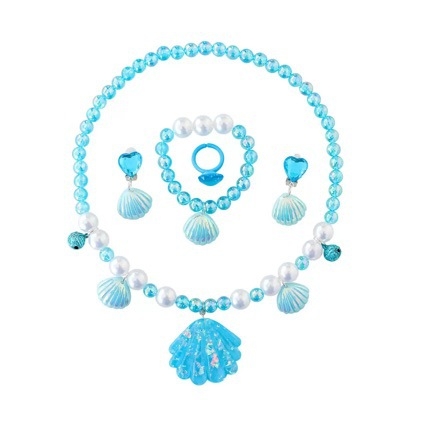 Детски комплект бижута: колие с русалка, пръстен, гривна и обици — висулка от смола, топчеста верижка, електроплатина, форма на съзвездие