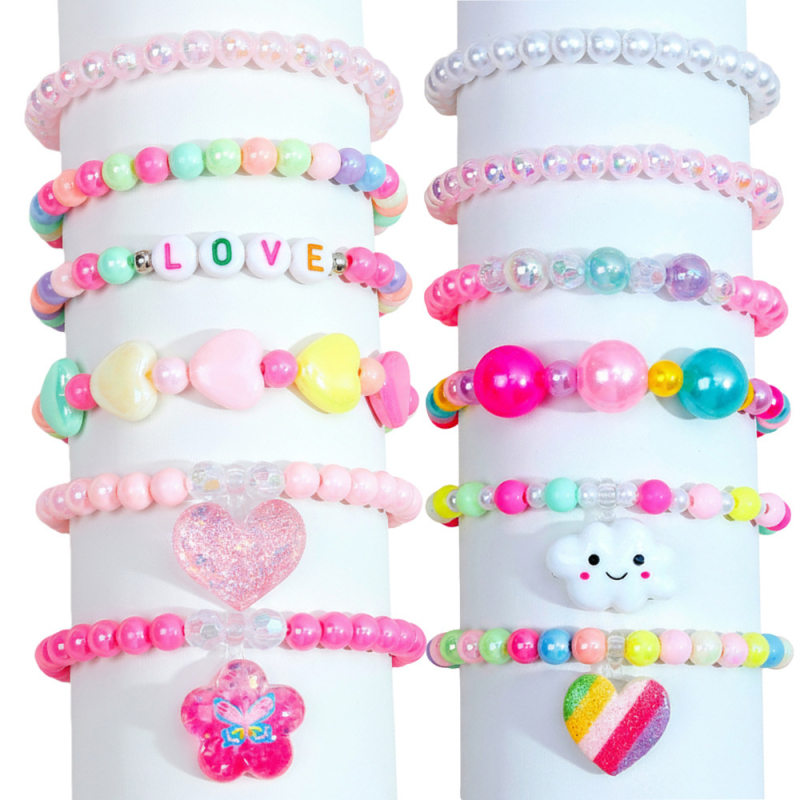 6 броя акрилни ръчно изработени мънистени гривни за деца с висулка във форма сърце-облак-цвете