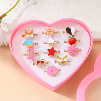 Детски пръстени от сплав – корейски стил, мультфилмови мотиви: цветя и корона, 12 броя