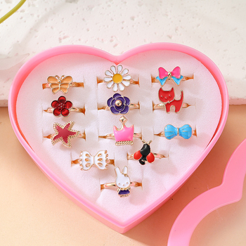 Детски пръстени от сплав – корейски стил, мультфилмови мотиви: цветя и корона, 12 броя