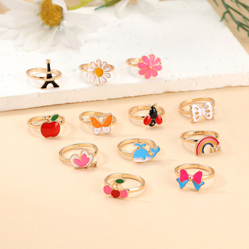 Детски пръстени от сплав – корейски стил, мультфилмови мотиви: цветя и корона, 12 броя