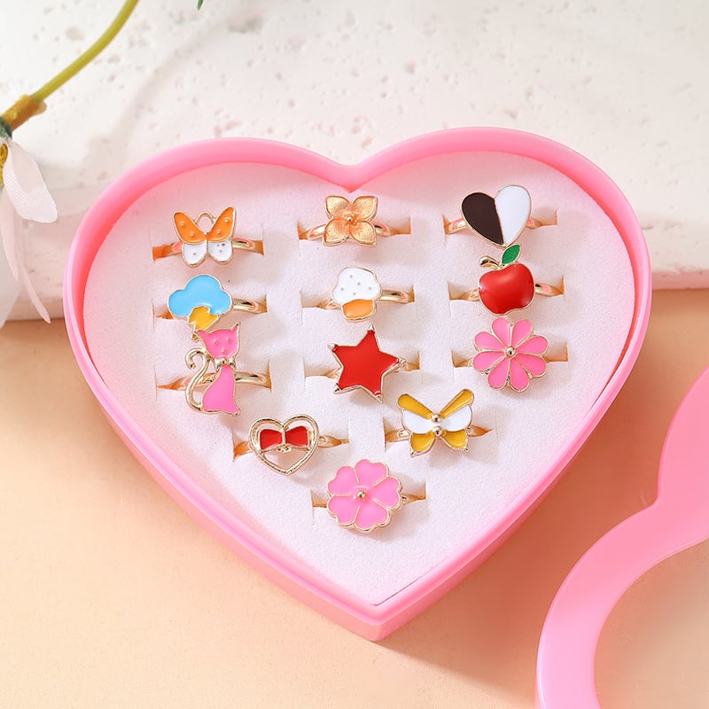 Детски пръстени от сплав – корейски стил, мультфилмови мотиви: цветя и корона, 12 броя