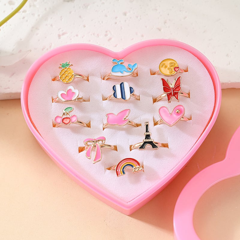 Детски пръстени от сплав – корейски стил, мультфилмови мотиви: цветя и корона, 12 броя