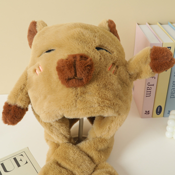 Pălărie cu glugă din pluș, guler încorporat, model desen animat, warp-knit, unisex, iarnă