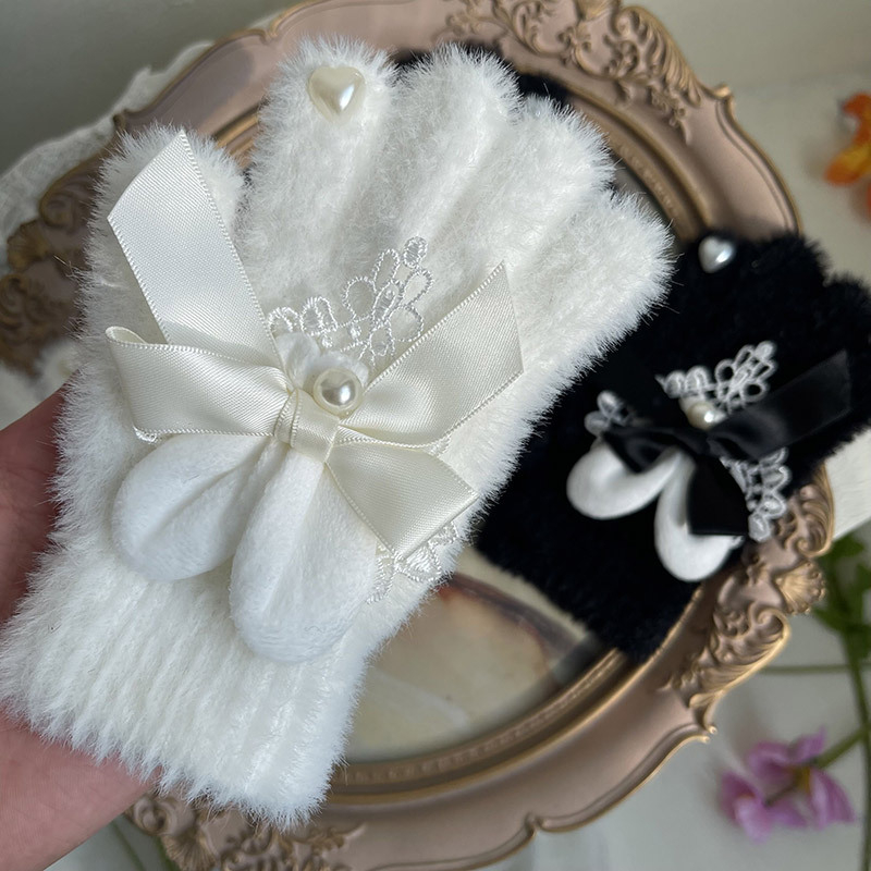 Japanski stil, uši zečice, mašna s perlicama, čipka, srce od Rex zečjeg krzna, tople rukavice za djecu s pet prstiju, Lolita stil