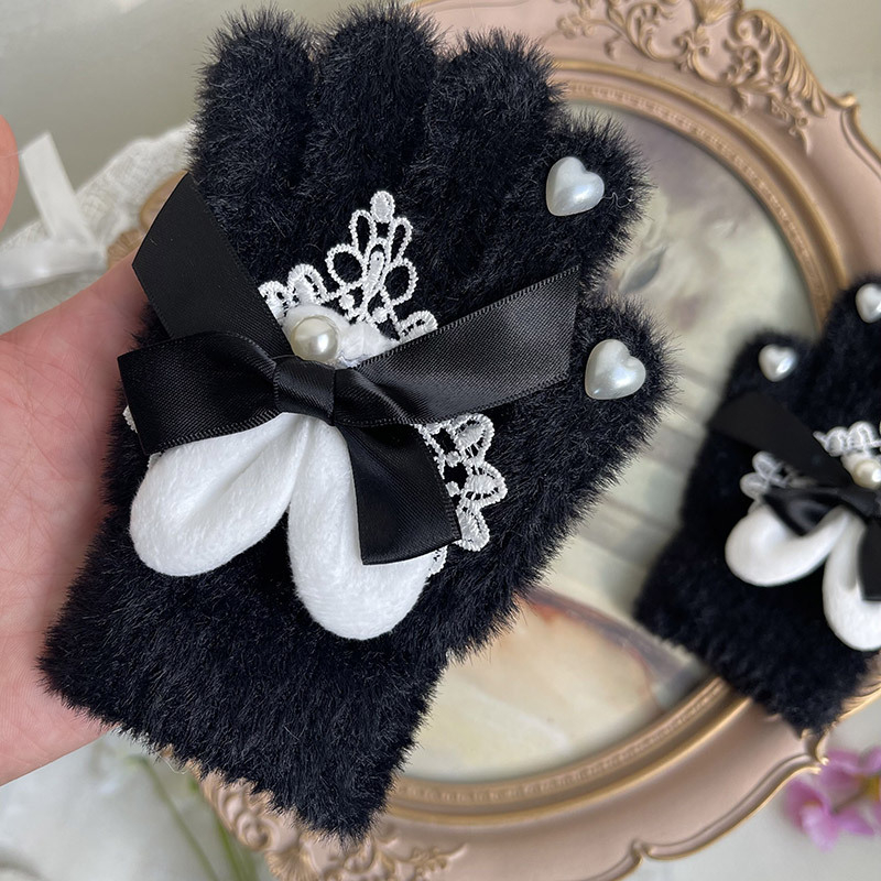 Japanski stil, uši zečice, mašna s perlicama, čipka, srce od Rex zečjeg krzna, tople rukavice za djecu s pet prstiju, Lolita stil