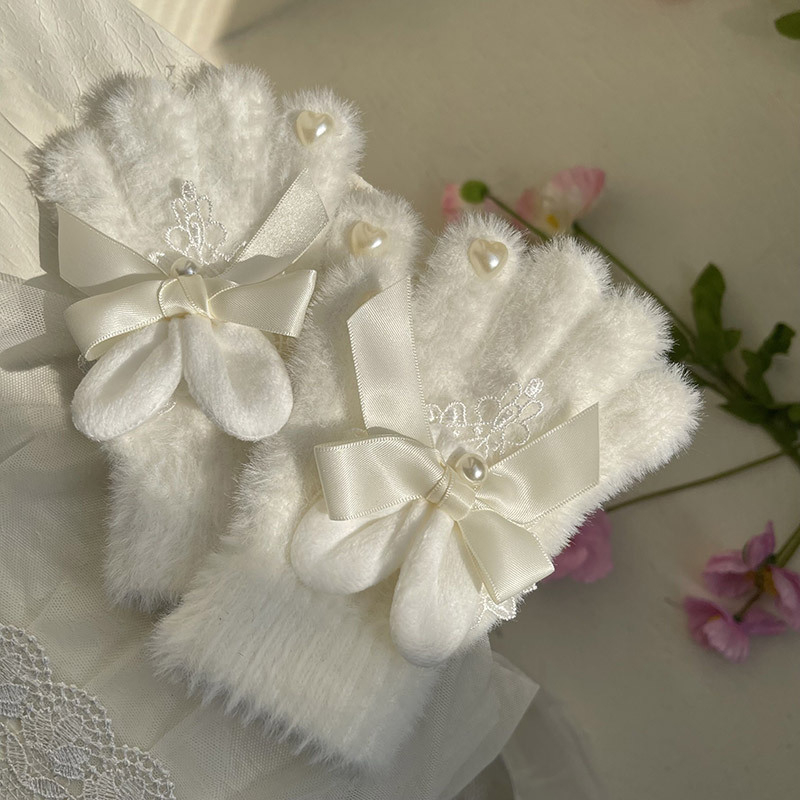 Japanski stil, uši zečice, mašna s perlicama, čipka, srce od Rex zečjeg krzna, tople rukavice za djecu s pet prstiju, Lolita stil