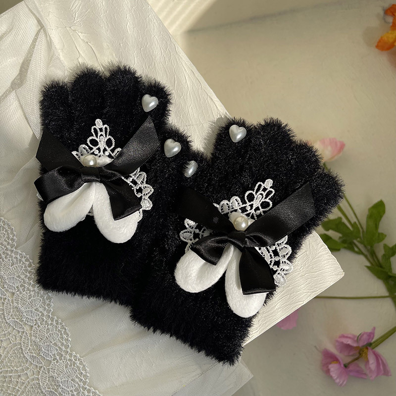 Japanski stil, uši zečice, mašna s perlicama, čipka, srce od Rex zečjeg krzna, tople rukavice za djecu s pet prstiju, Lolita stil