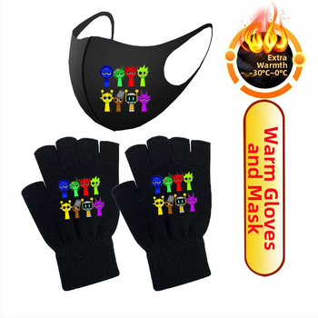 Laste pool-sõrmedega kindad, villased, karikatuurimustriga, unisex, talvised