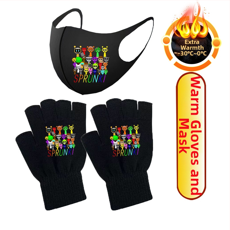 Vaikų lauko puspirštinės, vilna, karikatūros raštas, unisex, žiema