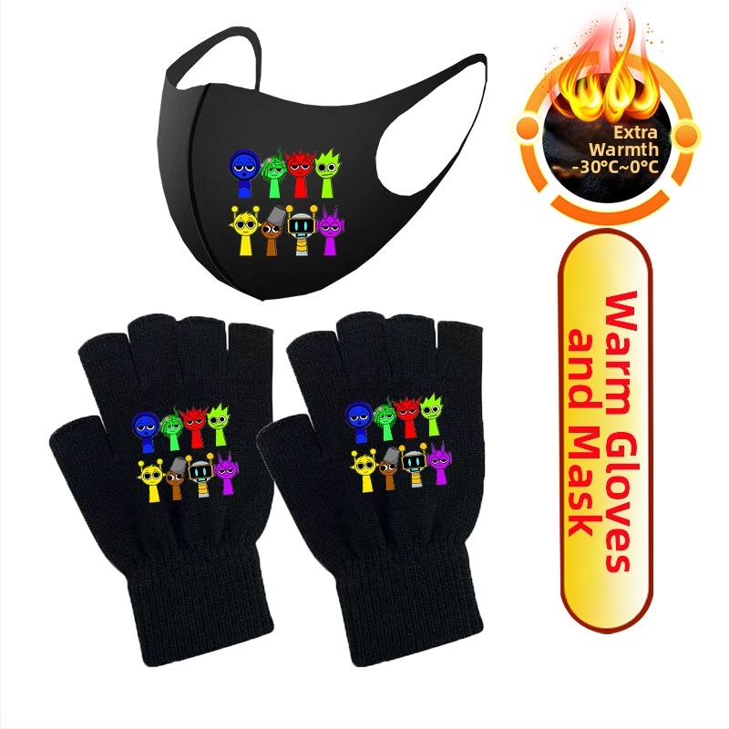 Laste pool-sõrmedega kindad, villased, karikatuurimustriga, unisex, talvised