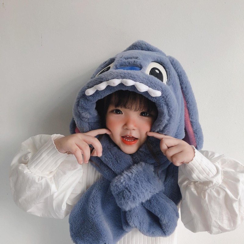 Dječja zimska kapa s integriranim šalom i zaštitom za uši, Stitch plišani set od dvije komponente, topao i udoban