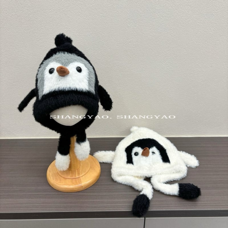 Șapcă pentru copii din pluș, cu design de pinguin – iarnă, caldă, rezistentă la vânt, formă domă, finisaj satin
